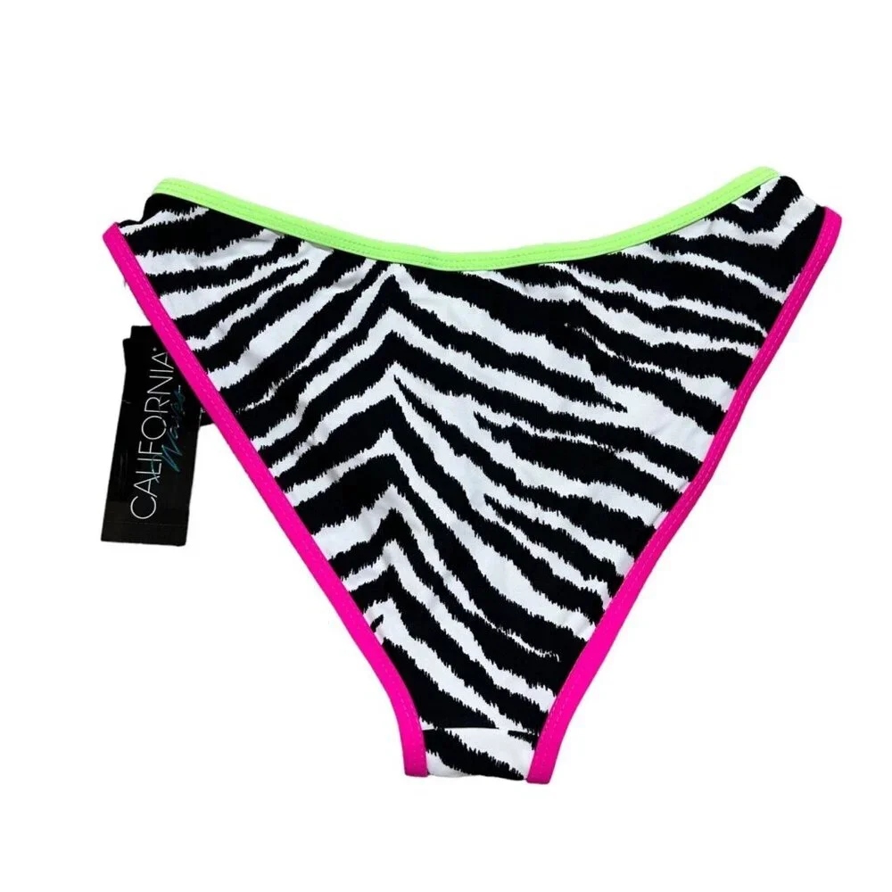 California Waves Junior Size S Zebra Print Neon Trim Bikini Bottoms Swimsuit NWT